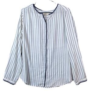 Ann Taylor Loft Womens Blouse White Blue Stripe Button Down Long Sleeve Large